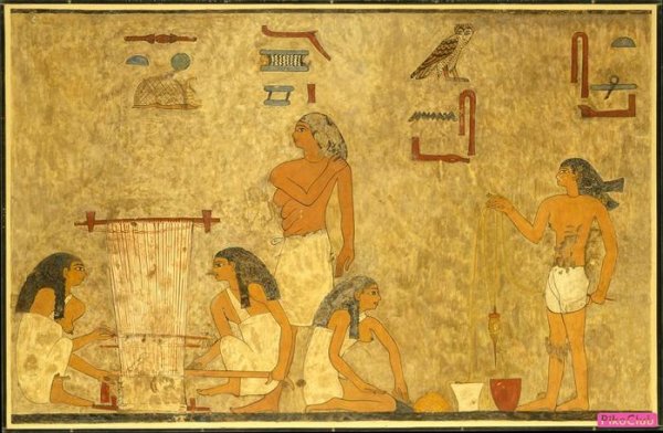 Ткачи, гробница Хнумхотепа (гробница №3), 1897-1878 гг. до н.э., Средний Египет, Бени-Хасан, Это графическая копия изображения ткаческих работ, хранится в музее искусств Метрополитен, Нью-Йорк,США